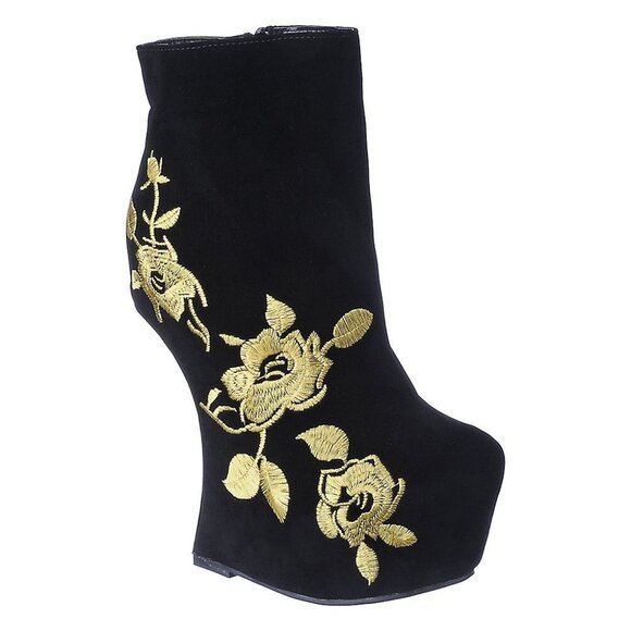 WOMEN'S PLATFORM MISSING OVER THE EDGE WEDGE BOOT  -  Black/Gold ( BRAND NEW !!! - Picture 1 of 7